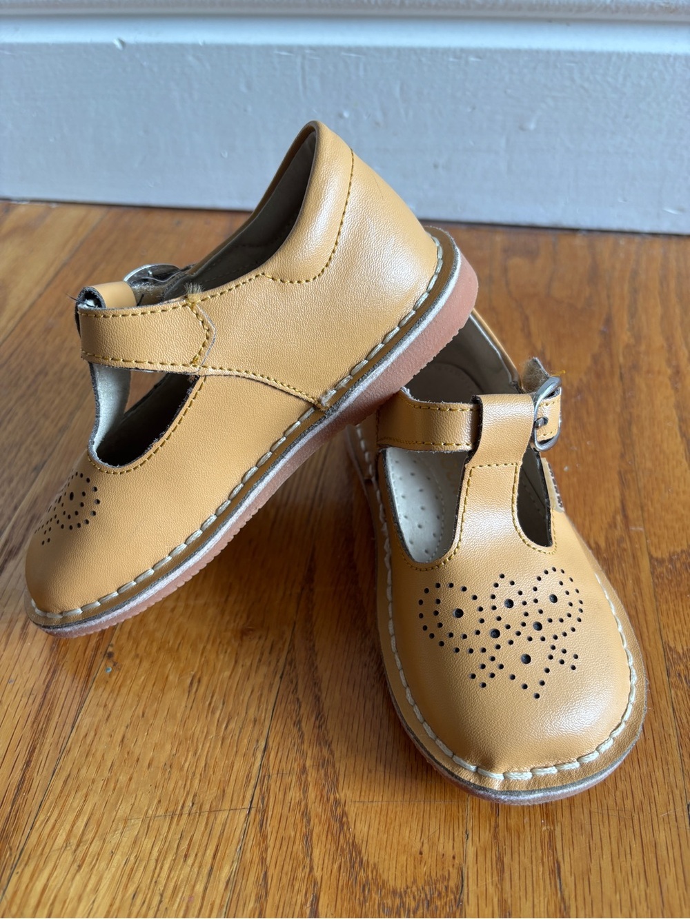 L'Amour Tan T-Strap Heart Cutout Kids Mary Jane Shoes